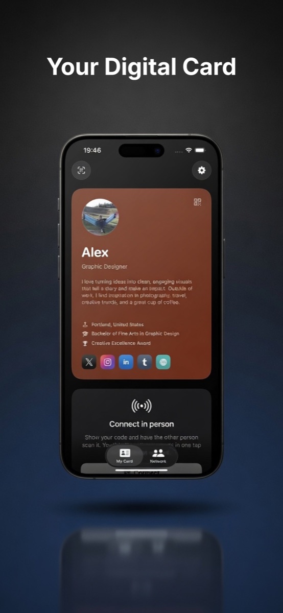 Your Yoink card — a polished profile with photo, bio, links and a QR code, ready to share in person.