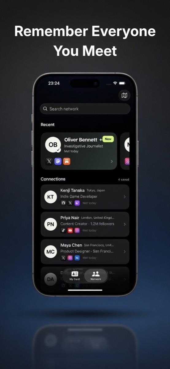 Your network in Yoink — everyone you've met, saved privately on your phone.