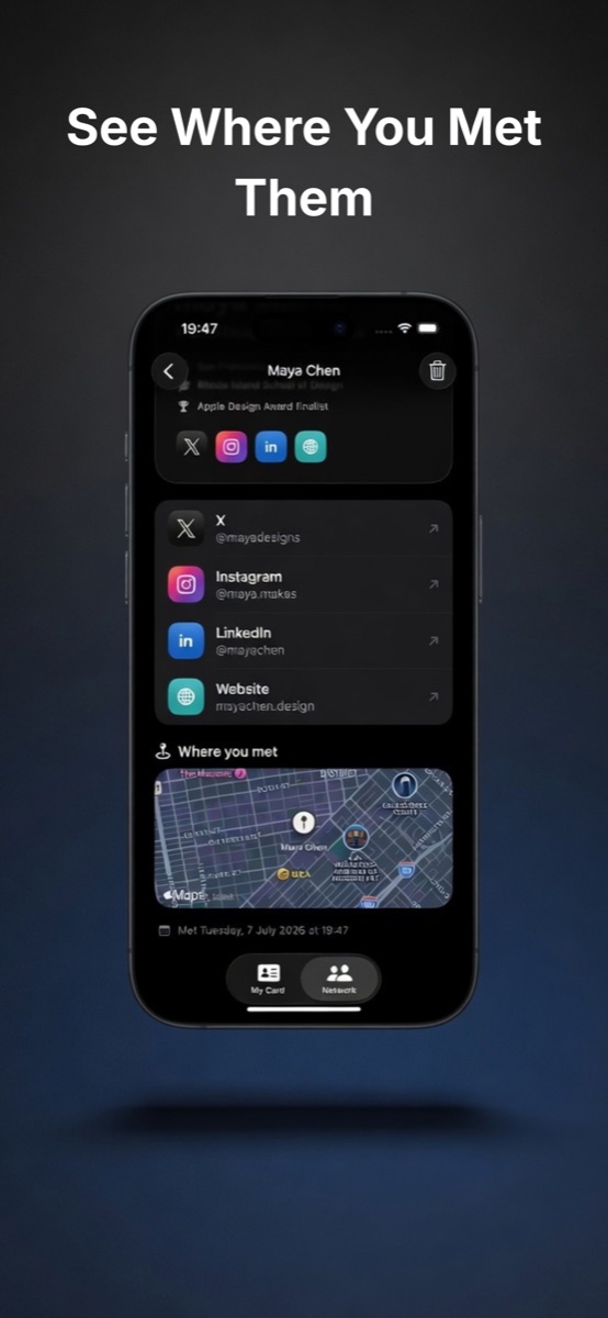 See where you met someone, shown on a private map inside Yoink.