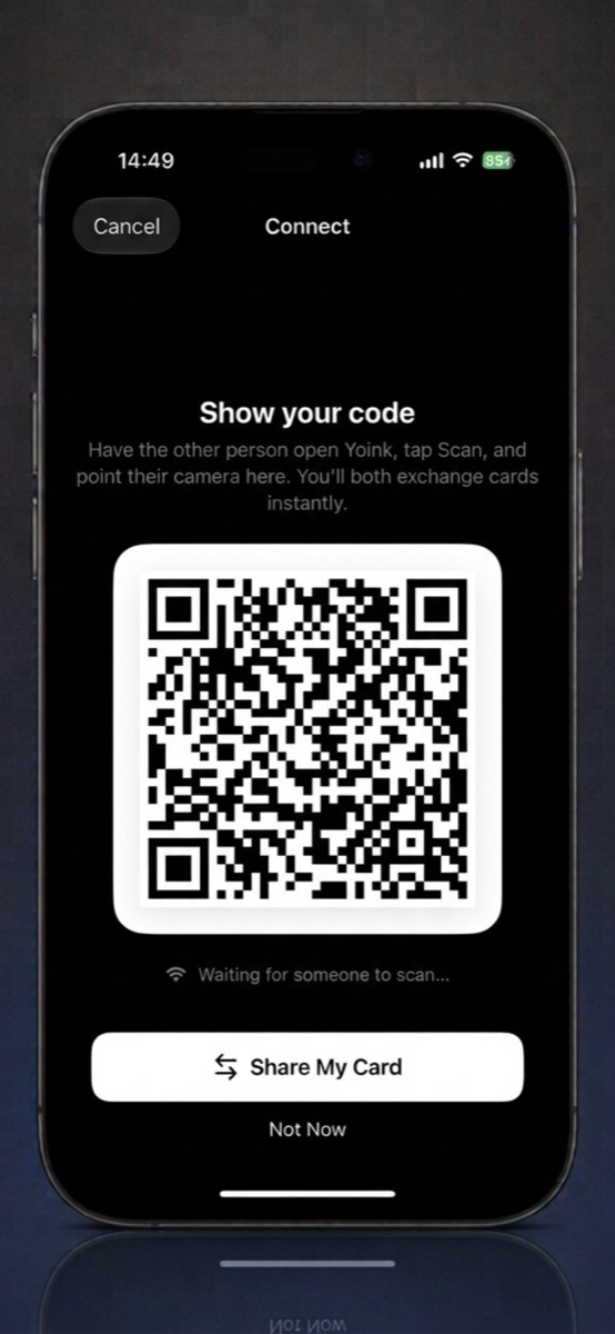 The Show your code screen in Yoink, displaying a QR code for someone to scan.
